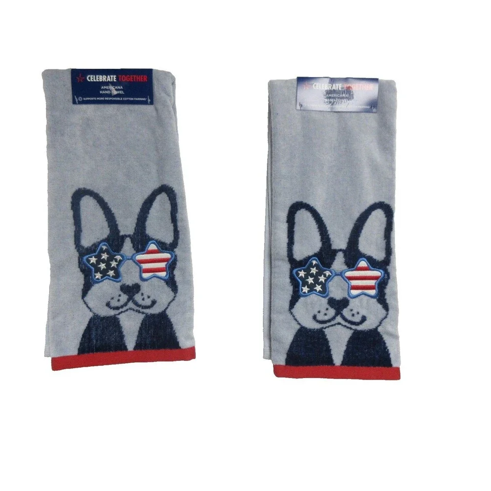 Set of 2 Americana Patriotic Dog Hand Towels Boston Terrier Stars & Stripes Kitc